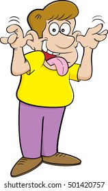 Cartoon illustration of a man with fingers in ears and tongue out.