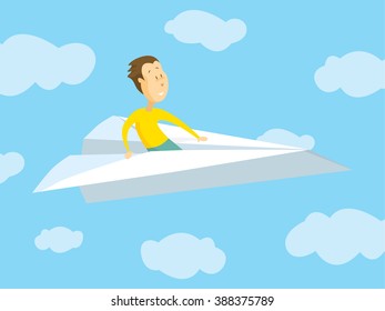 Cartoon illustration of man flying on paper airpane