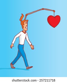 Cartoon illustration of man following his own heart and emotions