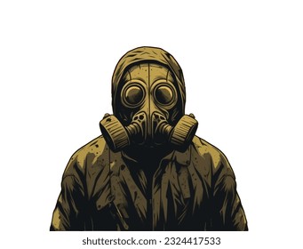 Cartoon illustration of a man in a gas mask and overalls on an isolated background. Vector illustration