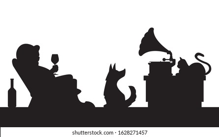 cartoon illustration - man with a glass of wine in a chair listens to music from a phonograph, sitting near a cat and dog / black silhouette on white background, individual objects on separate layers