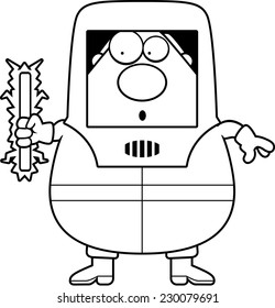 A cartoon illustration of a man in a hazmat suit with radioactive material.