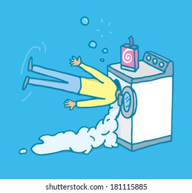 Cartoon illustration of a man with his head on a washing machine