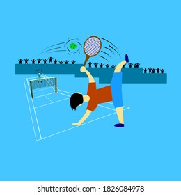 Cartoon illustration of a man hitting a tennis ball in a rolling style