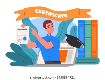 A cartoon illustration of a man holding a certificate, with a graduation cap, greenery and books in the background, symbolizing online education. Flat vector illustration