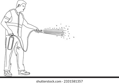 Cartoon Illustration of Man Holding Fire Extinguisher in Continuous Outline Sketch, Safety First, Emergency Preparedness, Protective Measures