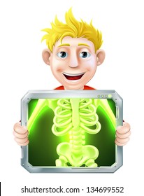 Cartoon illustration of a man holding up a screen x-raying him with his skeleton showing.