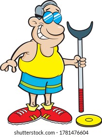 Cartoon illustration of a man holding shuffleboard equipment.