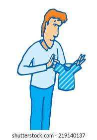 Cartoon illustration of a man holding a tiny shrunken or small sized t-shirt