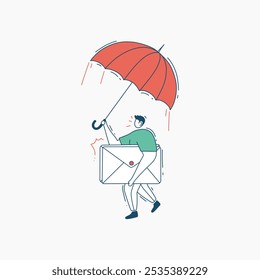 A cartoon illustration of a man holding an umbrella and carrying a large envelope.