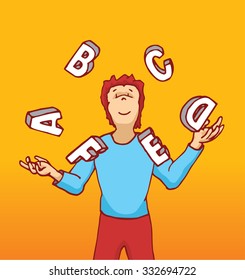 Cartoon illustration of man juggling letters playing with education or alphabet