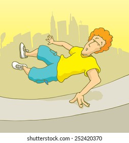 Cartoon illustration of man jumping over a wall doing parkour or freerunning