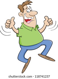 Cartoon illustration of a man jumping with thumbs up.