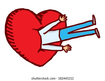 Cartoon illustration of a man in love with his head in a big heart