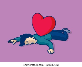 Cartoon illustration man lying on the floor heart stabbed on his back