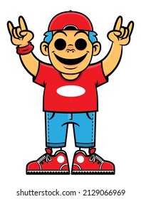 Cartoon illustration of Man making "metal music" symbol with fingers, best for mascot, logo, sticker, and decoration with rock music themes