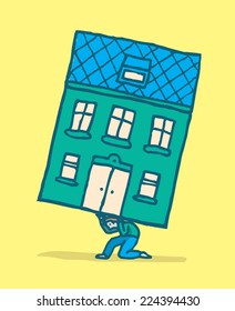 Cartoon illustration of man moving his home by carrying it on his back