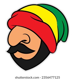 Cartoon illustration of A Man with mustache and beard wearing beanie hat with rastafarian flag colors. Best for mascot, logo, and sticker with Reggae Music themes