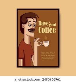 cartoon illustration of man with mustache drinking hot coffee on vintage background