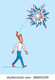 Cartoon illustration of man observing an idea exploding as fireworks