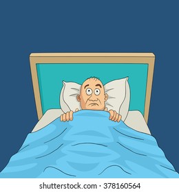 Cartoon Illustration Of A Man On Bed With Eyes Wide Open For Insomnia Theme.