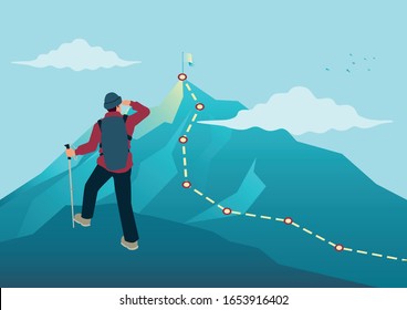 お互いに助け合う登山家グループが 平らなカートーンのベクターイラストを作りました チームワークのコンセプト ラックサックやバックパックを持つ人々が山で ハイキングをしている コンパスと上部に引出線 旅行とトレッキング のベクター画像素材 ロイヤリティ