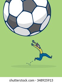 Cartoon illustration of man in panic running from huge soccer ball