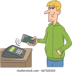 Cartoon Illustration of Man Paying Wireless with his Smart Phone