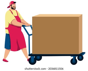 Cartoon illustration of man pushing cart with cardboard box on it.