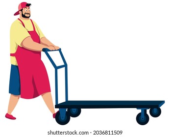 Cartoon illustration of man pushing cart with your product on it.