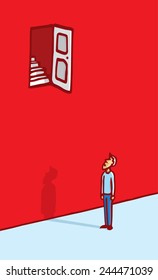 Cartoon illustration of man puzzled by a door far too up to reach