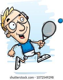 A cartoon illustration of a man racquetball player running.