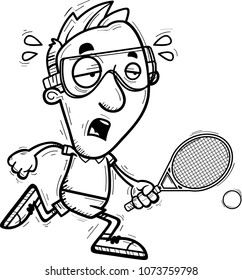 A cartoon illustration of a man racquetball player running and looking exhausted.