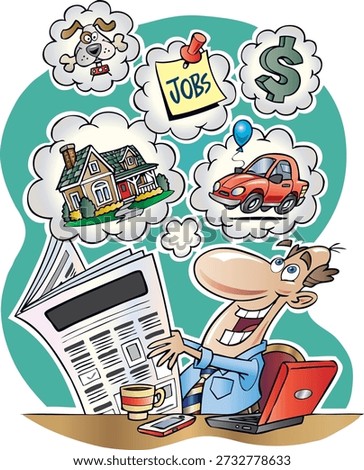Cartoon illustration of a man reading a newspaper and using a laptop, with thought bubbles showing aspirations like a house, car, money, and a dog. The “JOBS BS” text reflects frustration and cynicism about the job search process and employment opportunities.