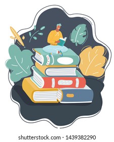 Cartoon illustration of Illustration of Man Reading on stack of books on dark background.