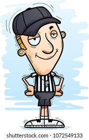 A cartoon illustration of a man referee looking confident.
