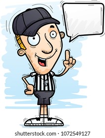 A cartoon illustration of a man referee talking.