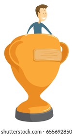 Cartoon illustration of man riding a huge prize cup