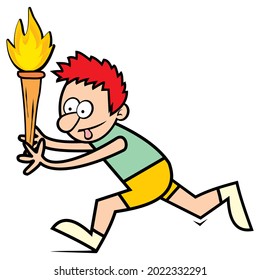 Cartoon illustration of a man running holding a torch. Funny vector illustration.