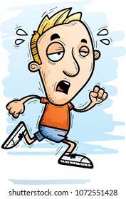 A cartoon illustration of a man running and looking exhausted.