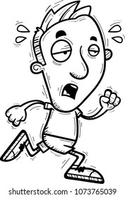A cartoon illustration of a man running and looking exhausted.