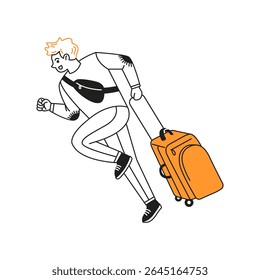 Cartoon illustration of a man running with an orange suitcase. He appears energetic and adventurous. The style is simple with bold outlines on white background.