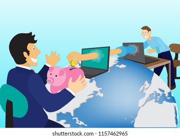 The cartoon illustration of the man saving his money through the computer to another man's piggy bank. ( vector )