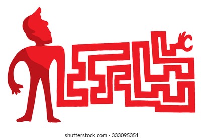 Cartoon illustration of man searching with complex maze arm