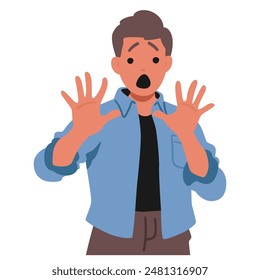 Cartoon Illustration Of A Man With A Shocked And Scared Expression, Hands Raised In Front. Male Character Shows Emotion Of Surprise Or Fear With An Open Mouth. Concept Of Fear, Or Unexpected Reaction