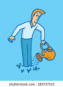 Cartoon illustration of a man showing showing self improvement