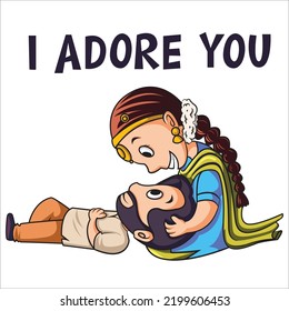 Cartoon illustration of man sleeping in woman lap saying I adore you.