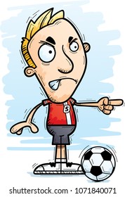 A cartoon illustration of a man soccer player looking angry and pointing.