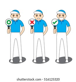 Cartoon illustration man standing and smiling holding sign board for correct and incorrect, yes and no, true and false, right and wrong, approved and rejected. Including Japanese style green circle.