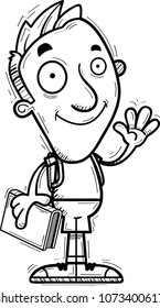 A cartoon illustration of a man student waving.
